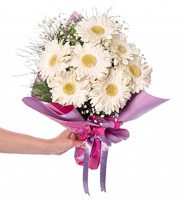 Lila Pembe Bukette Beyaz Gerberalar
